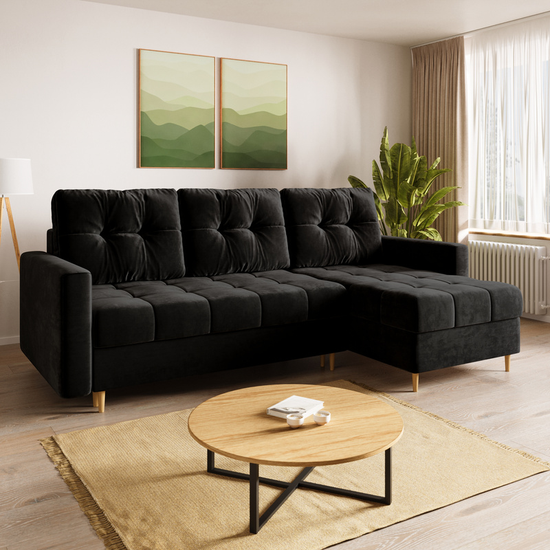 Czarny narożnik z funkcją spania i pojemnikiem na pościel LIZBONA