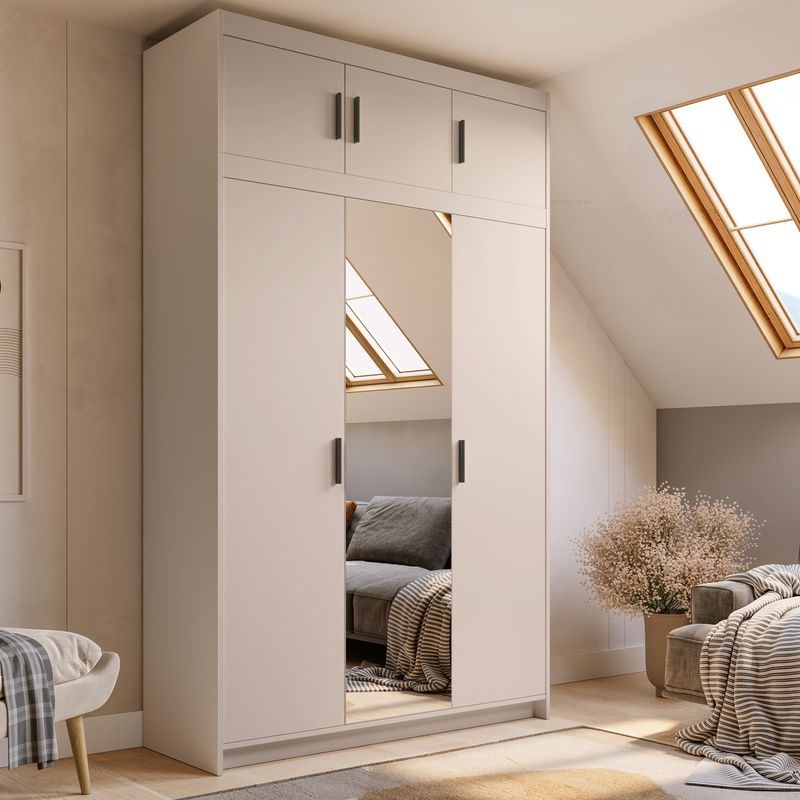 Trzydrzwiowa szafa z lustrem z nadstawką 133 cm beż piaskowy KUBA