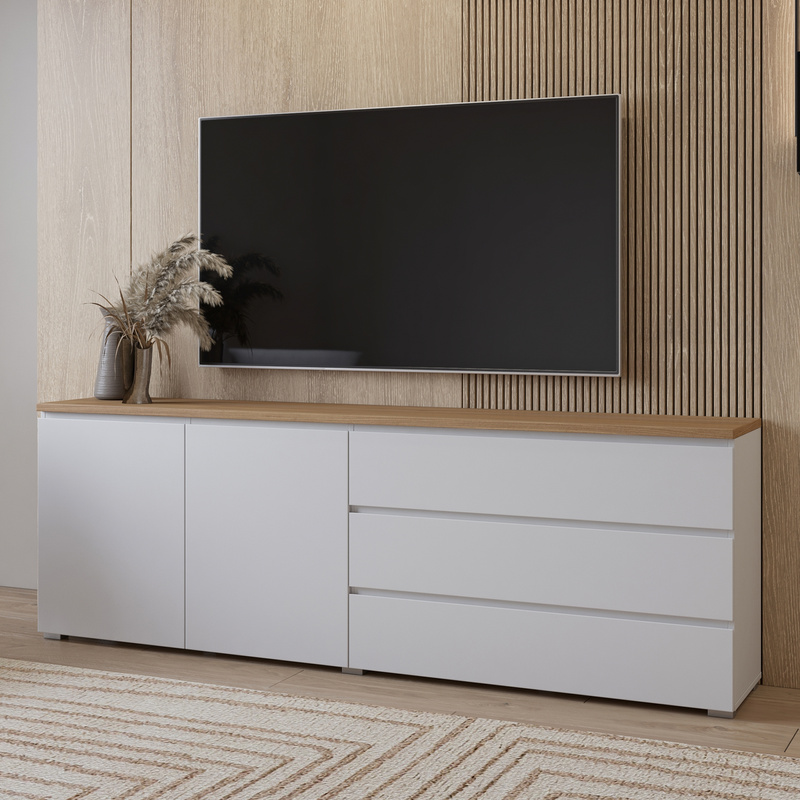 Biała dwudrzwiowa komoda 200 cm do salonu MODO z szufladami