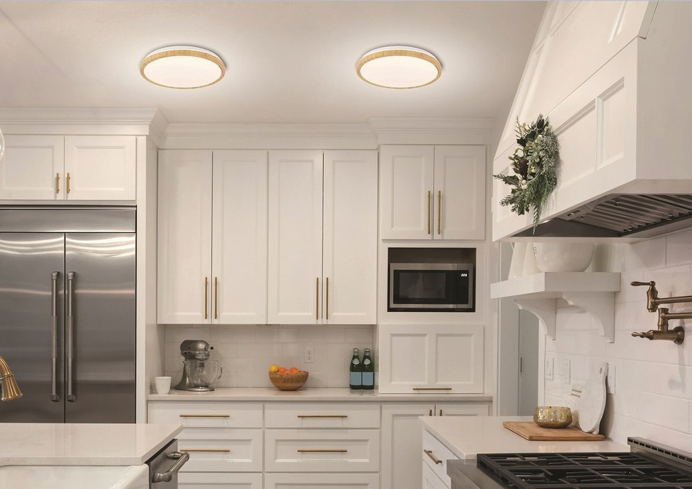 Biały plafon sufitowy LED 50 cm do salonu KATO jasne drewno