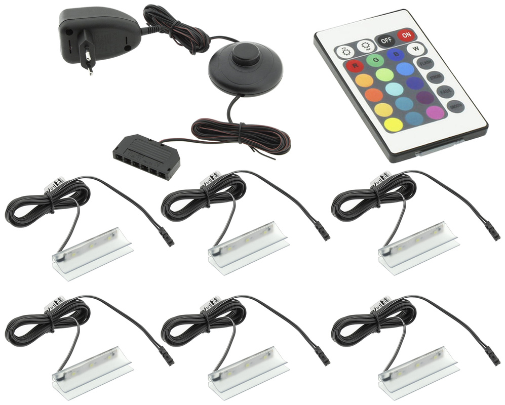 Oświetlenie półek szklanych LED 6 klipsów RGB 230v z pilotem
