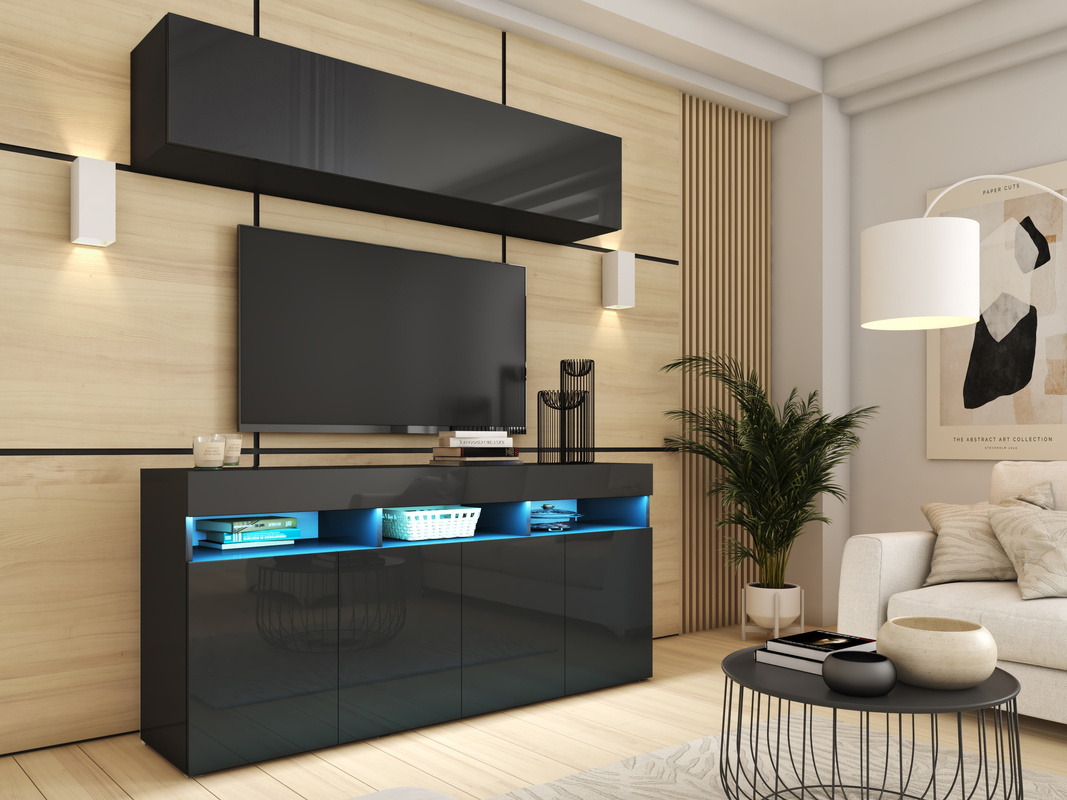 Meblościanka z komodą i barkiem 175 cm czarny połysk PREMIUM