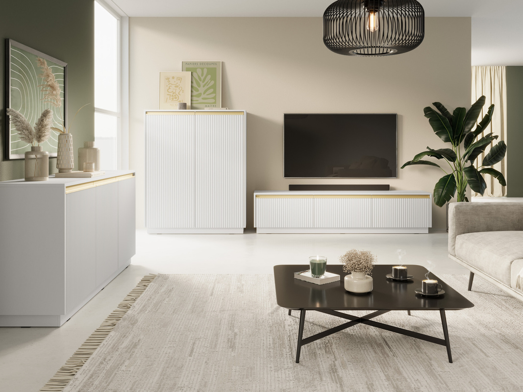 Nowoczesna biała meblościanka do salonu z szafką RTV RAVO