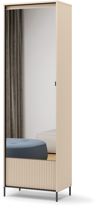 Beżowa wąska szafa do przedpokoju 65 cm z lustrem i oświetleniem TREND