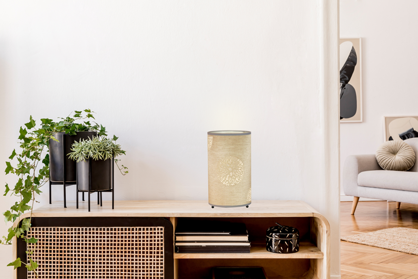 Beżowa lampa stołowa nocna do sypialni PERLA metal tkanina