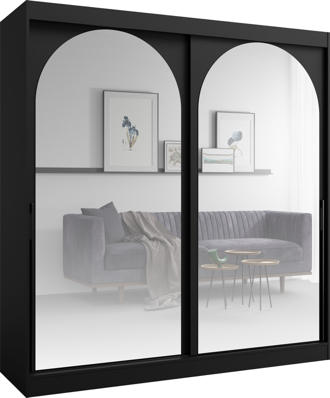 Szafa do sypialni 200 cm duża czarna drzwi przesuwne lustra czarne uchwyty MORIN