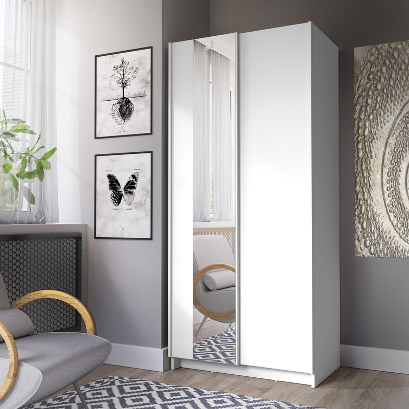 Biała szafa przesuwna 80 cm z lustrem SOLFY do sypialni