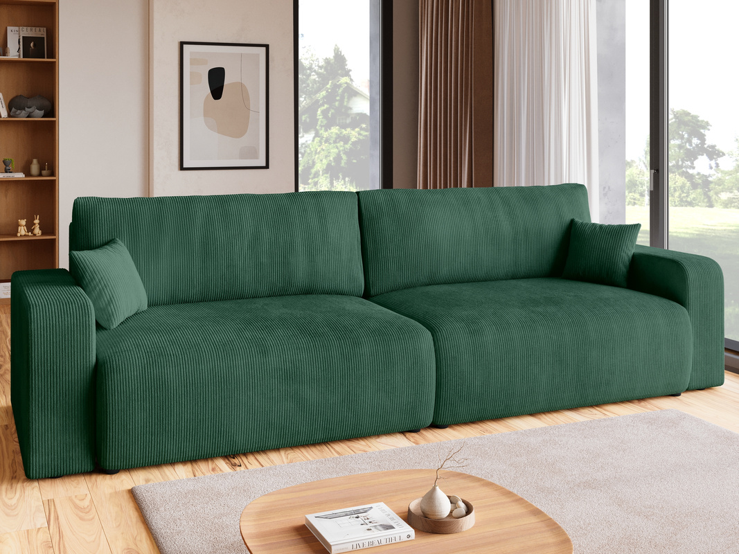 Sztruksowa zielona sofa z funkcją spania do salonu PUMI