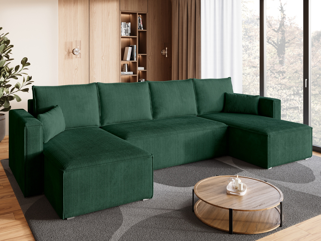 Narożnik sztruksowy do salonu z funkcją spania TOP U pojemnik na pościel