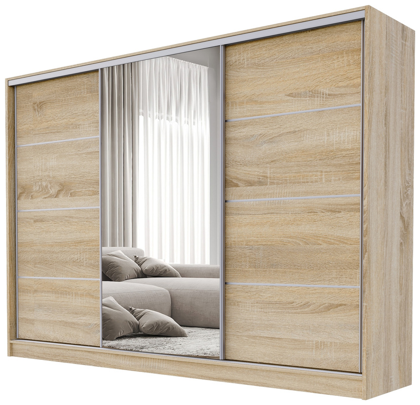 Duża trzydrzwiowa szafa przesuwna z lustrem 250 cm BEST dąb sonoma