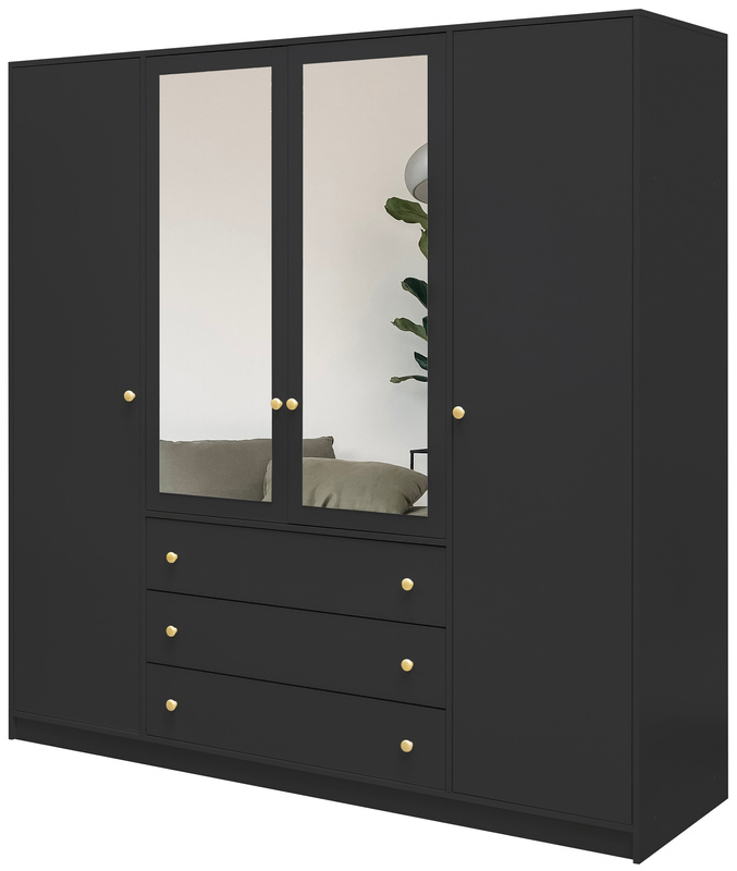 Czarna nowoczesna czterodrzwiowa szafa z lustrem 196 cm SELMA
