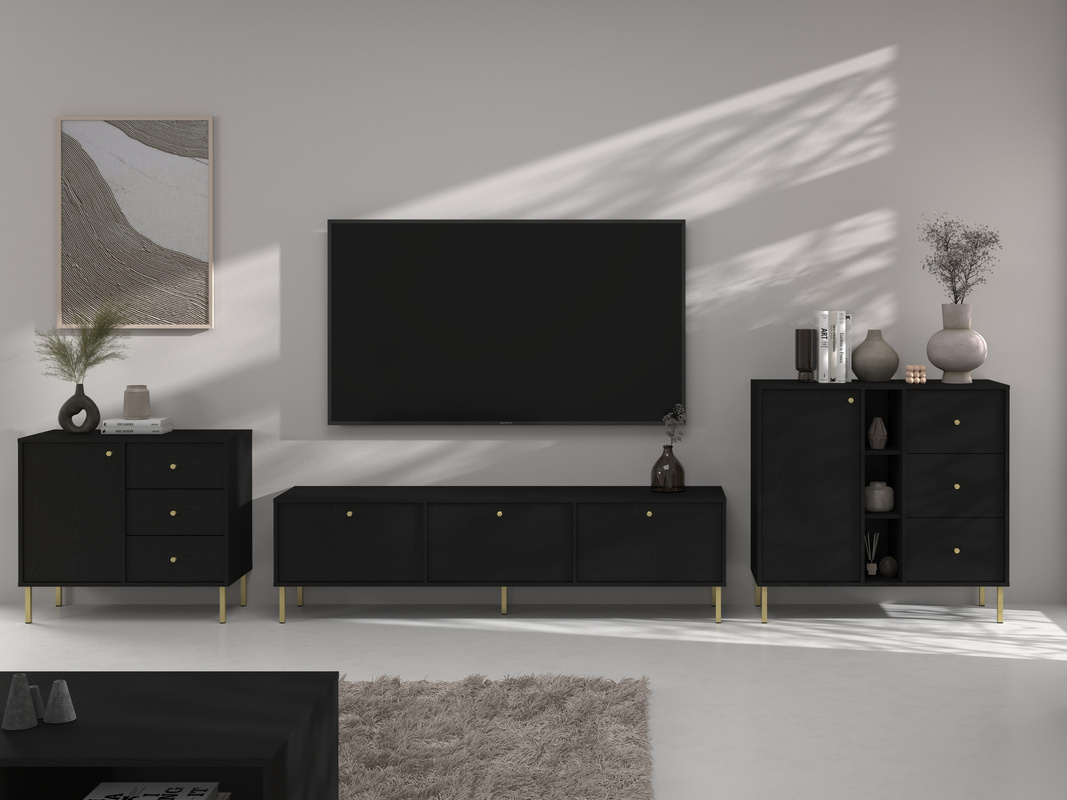 Czarna meblościanka do salonu z szafką pod telewizor TOKEN