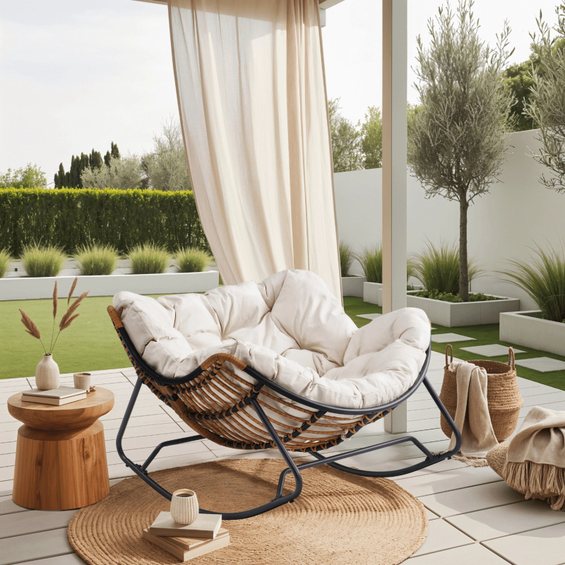 Beżowy fotel bujany wypoczynkowy ogrodowy ELTON metalowy czarny stelaż