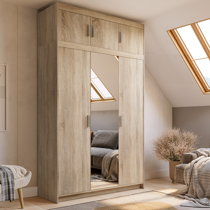 Trzydrzwiowa szafa z lustrem z nadstawką 133 cm dąb lefkas KUBA