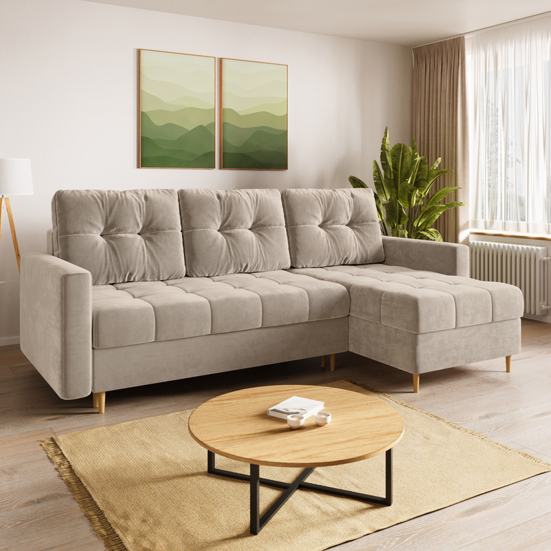 Beżowy narożnik z funkcją spania i pojemnikiem na pościel LIZBONA