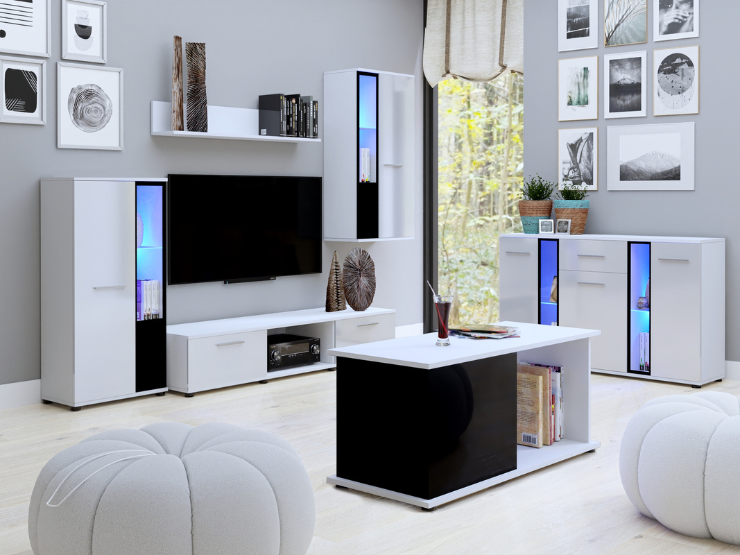 Meblościanka biała połysk z komodą i ławą CUBE