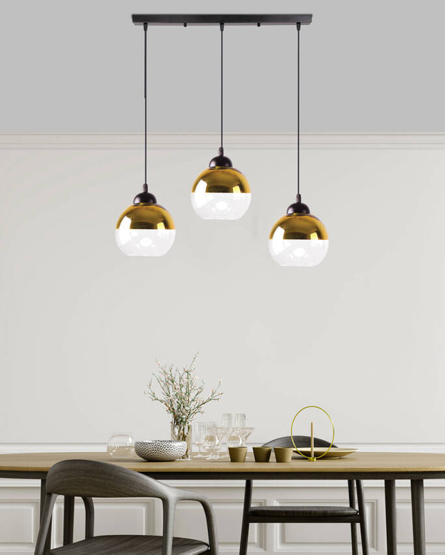 Czarna lampa wisząca 3-płomienna z kloszem złotym Contessa do salonu