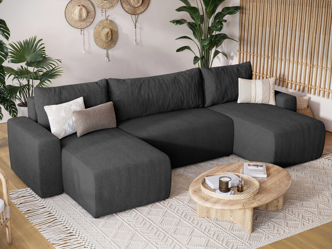 Grafitowy narożnik do salonu z funkcją spania PLUSH U boucle