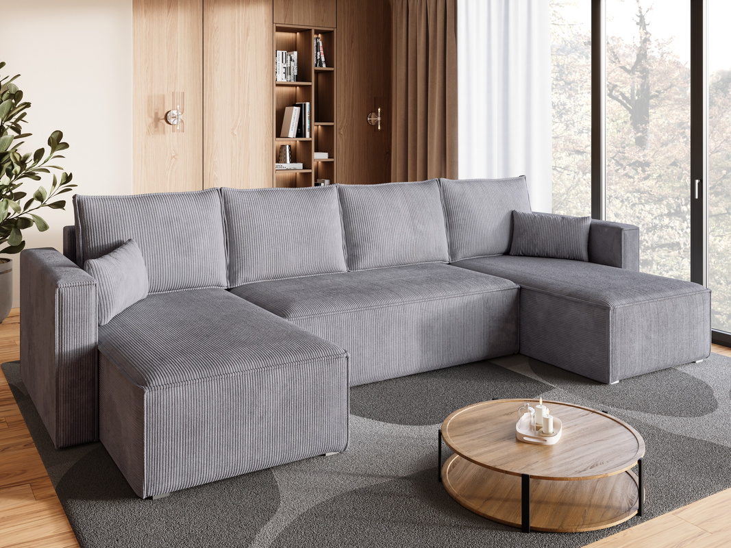 Szary narożnik z funkcją spania TOP U sztruks pojemnik na pościel