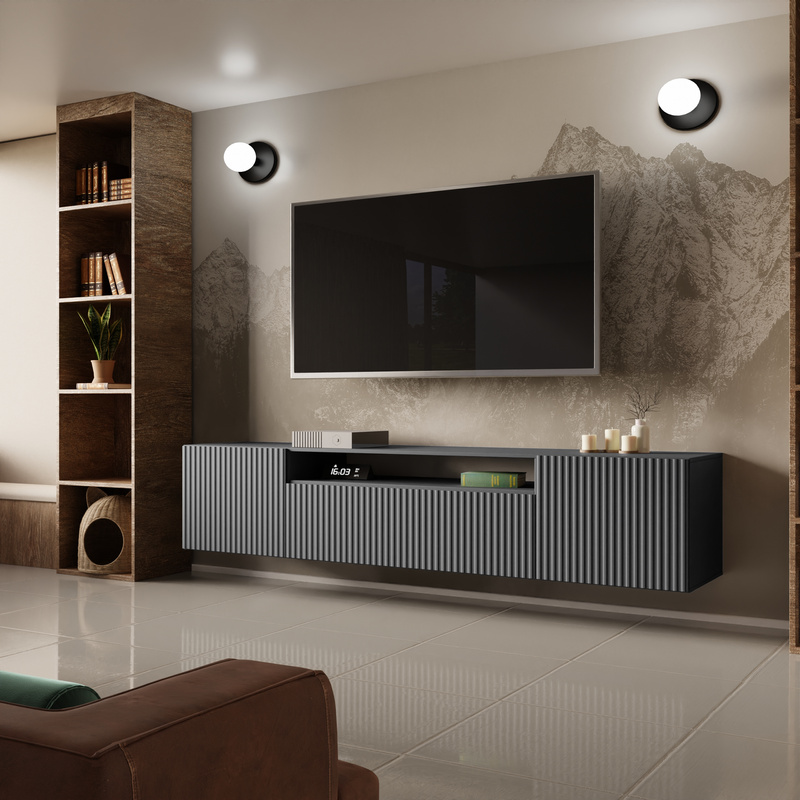 Nowoczesna szafka RTV 200 cm do salonu wisząca TAVIO grafit frezowane fronty
