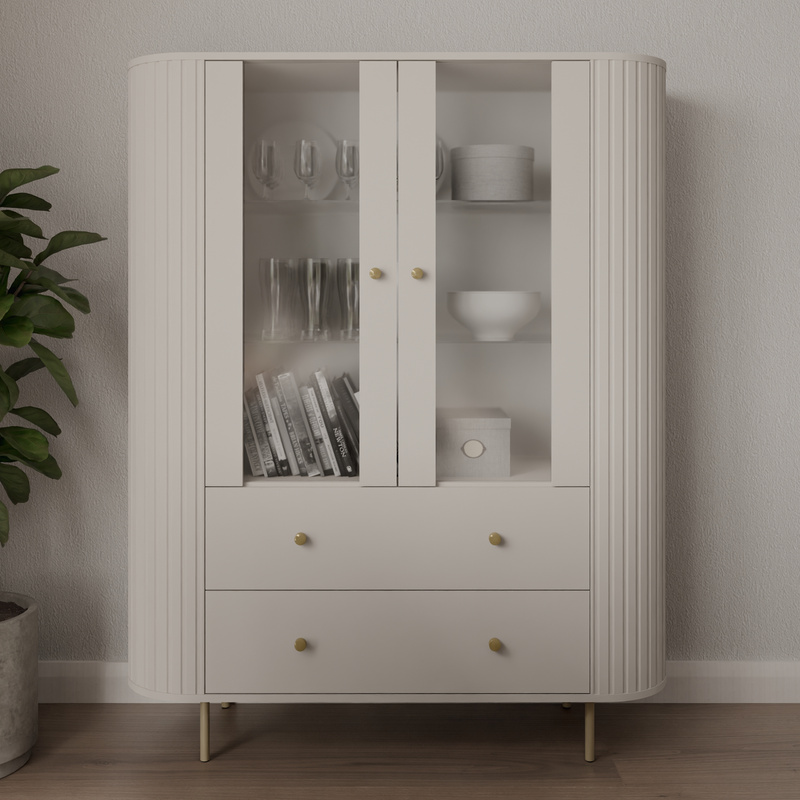 Dwudrzwiowa witryna do salonu 123 cm z szufladami OVENTO beż piaskowy