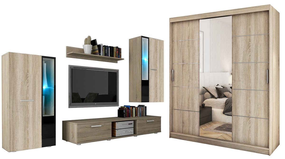 Meblościanka z szafą dąb sonoma CUBE