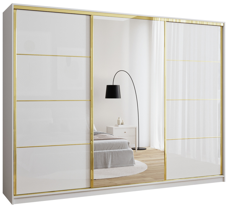 Duża szafa z lustrem 280 cm GOLD NEW biały połysk