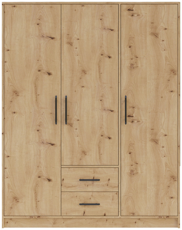 Trzydrzwiowa szafa z półkami do sypialni 150 cm szuflady SEVAS dąb artisan