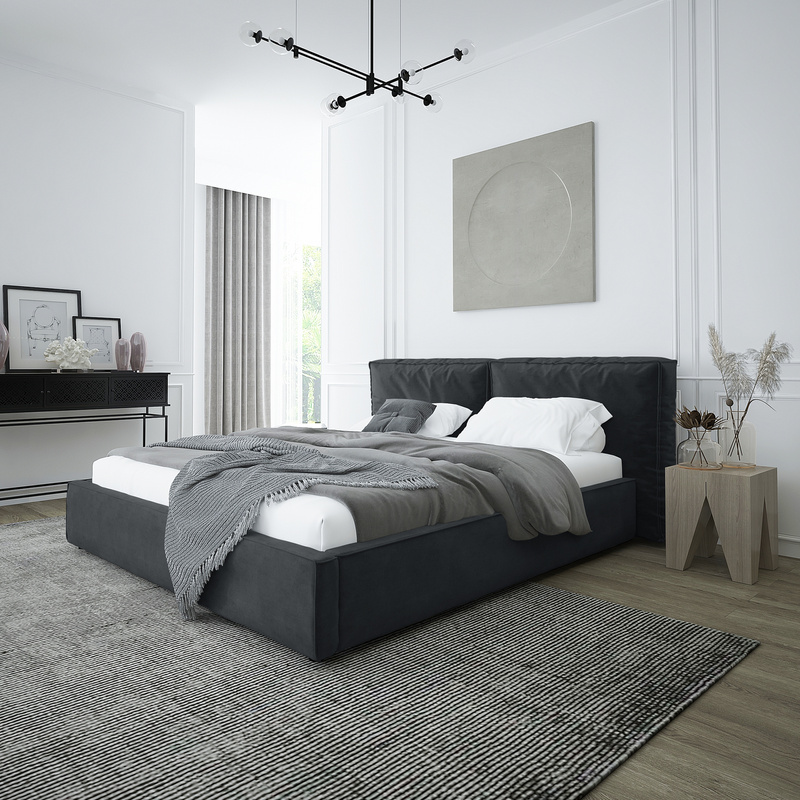 Grafitowe łóżko tapicerowane z pojemnikiem i stelażem 160x200 PALISE