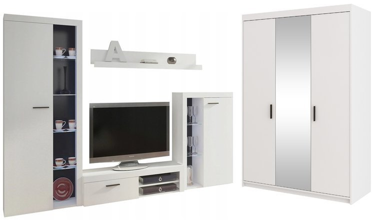 Nowoczesna Meblościanka z szafą z lustrem Biały mat SAMBA