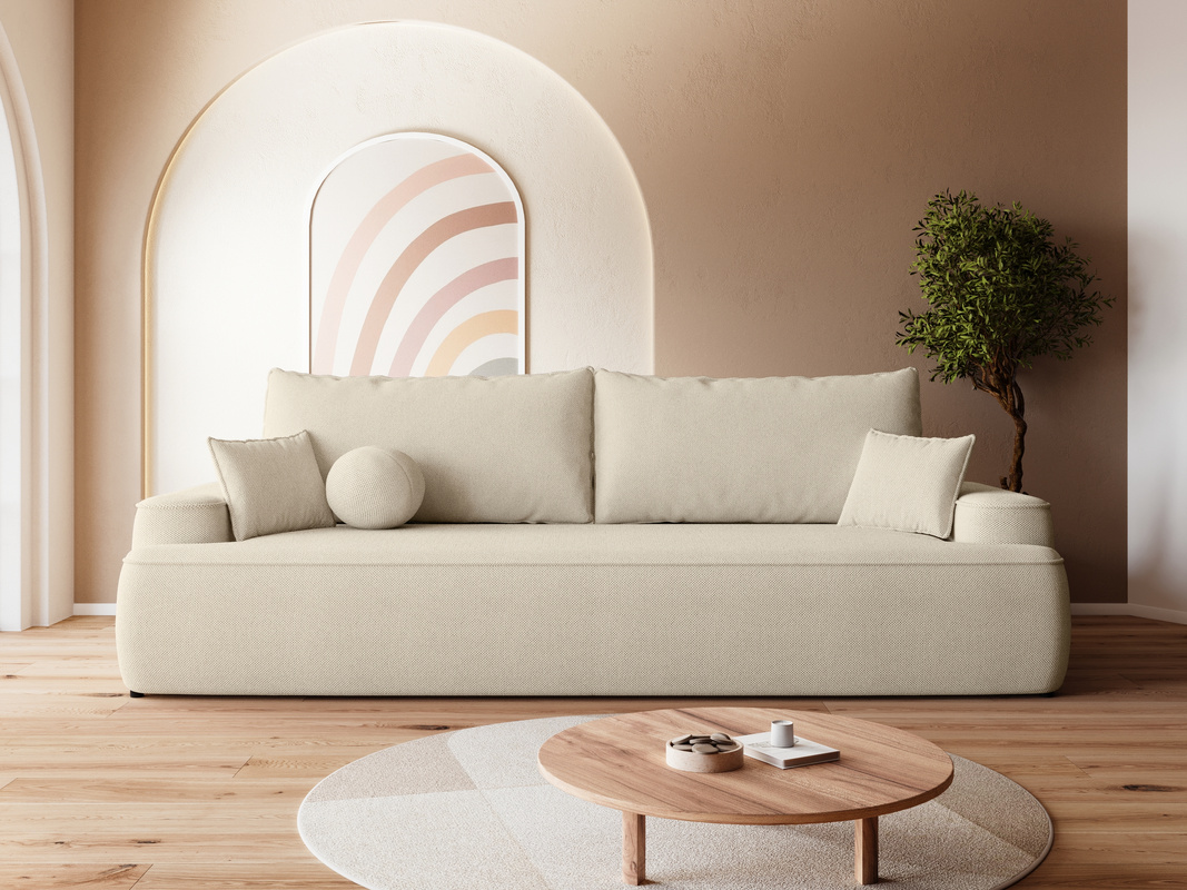 Kremowa sofa z funkcją spania i poduchami do salonu CARMELLO