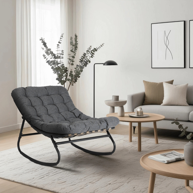 Szary fotel bujany wypoczynkowy do salonu AURORA z metalową podstawą