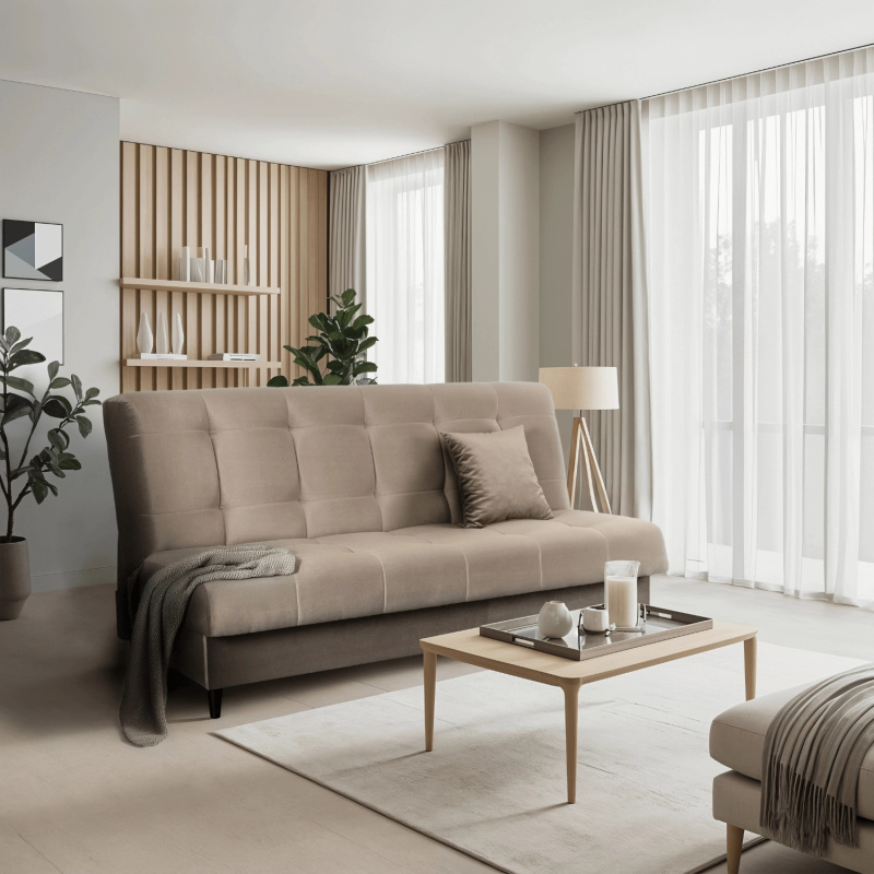 Beżowa rozkładana sofa z funkcją spania do salonu LIMENA