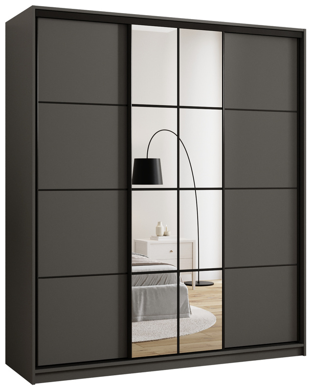 Grafitowa szafa przesuwna 180 cm z lustrem i półkami EDGE