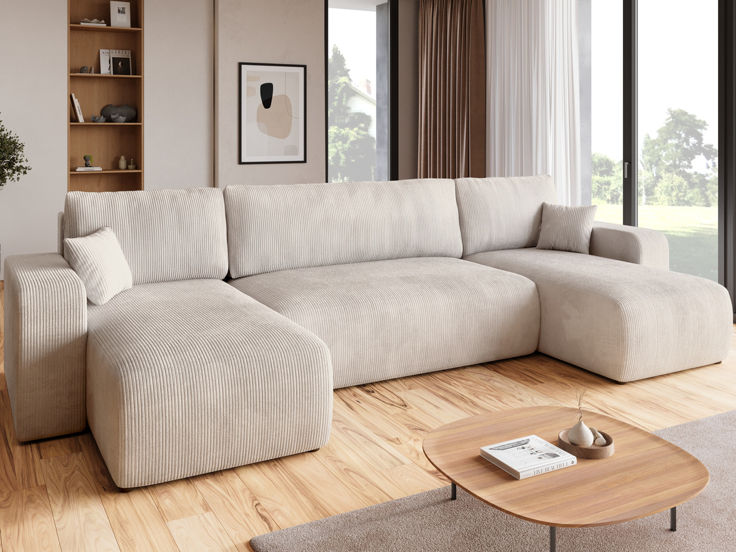 Kremowy narożnik sztruksowy z funkcją spania do salonu PUMI U