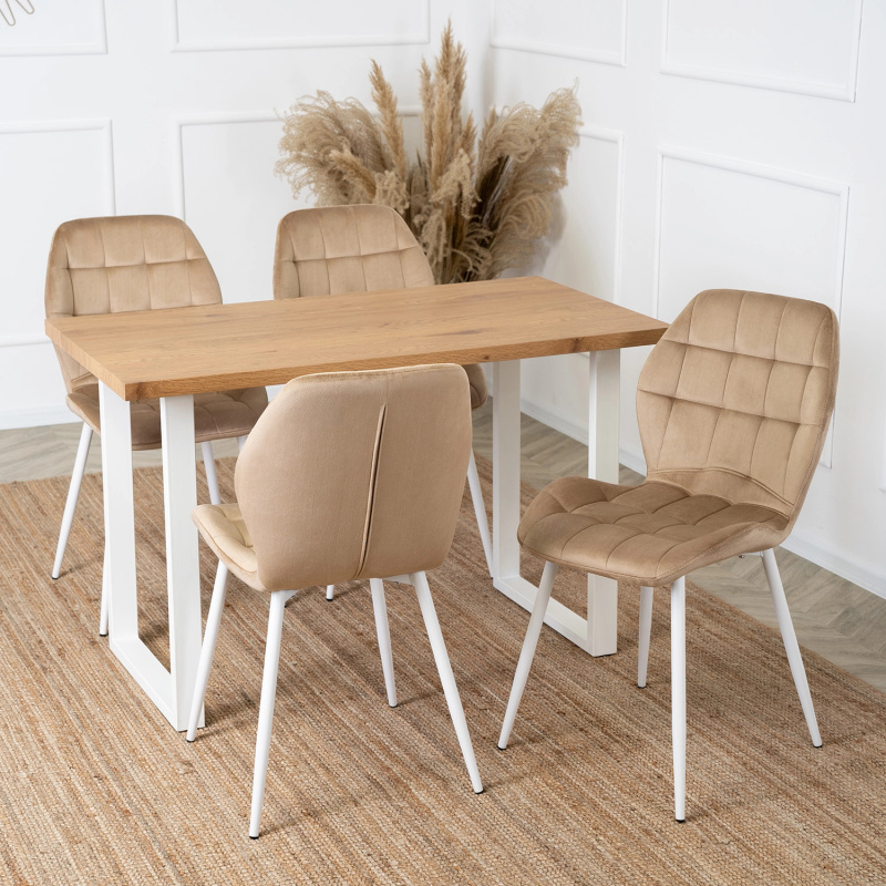 Beżowe krzesło do jadalni LUCK na białych metalowych nogach welur