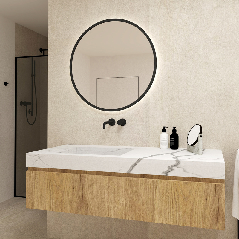 Okrągło lustro 60 cm wiszące w czarnej ramie podświetlane SOLARO