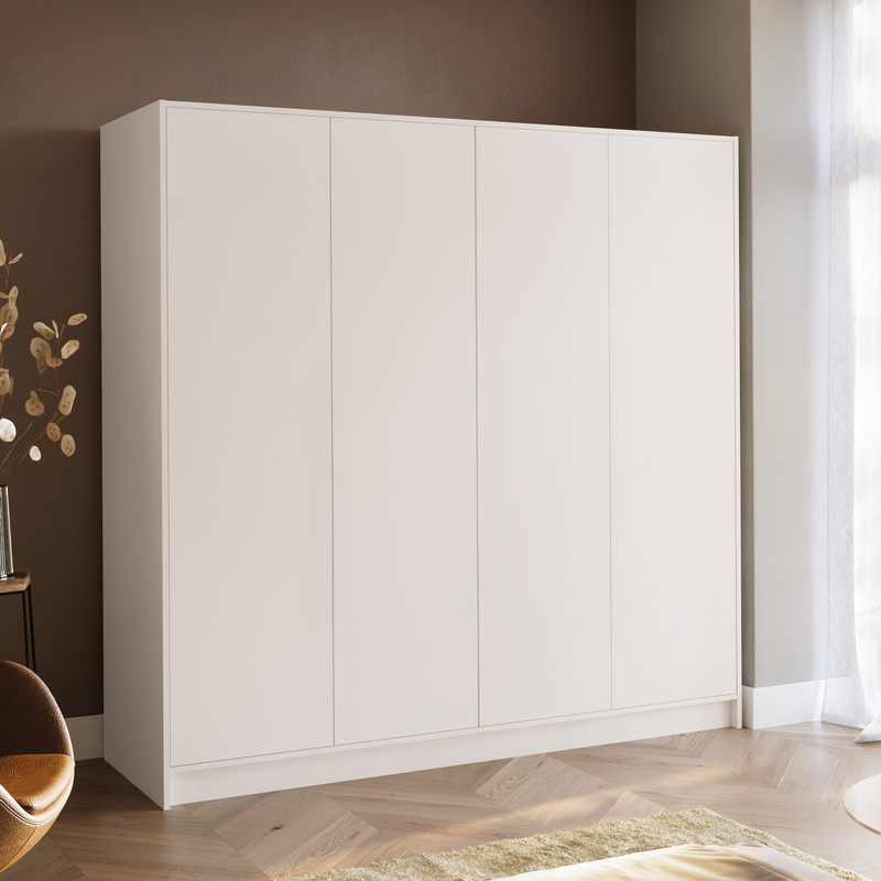 Biała szafa uchylna 200 cm z półkami i drążkiem GARIO czterodrzwiowa