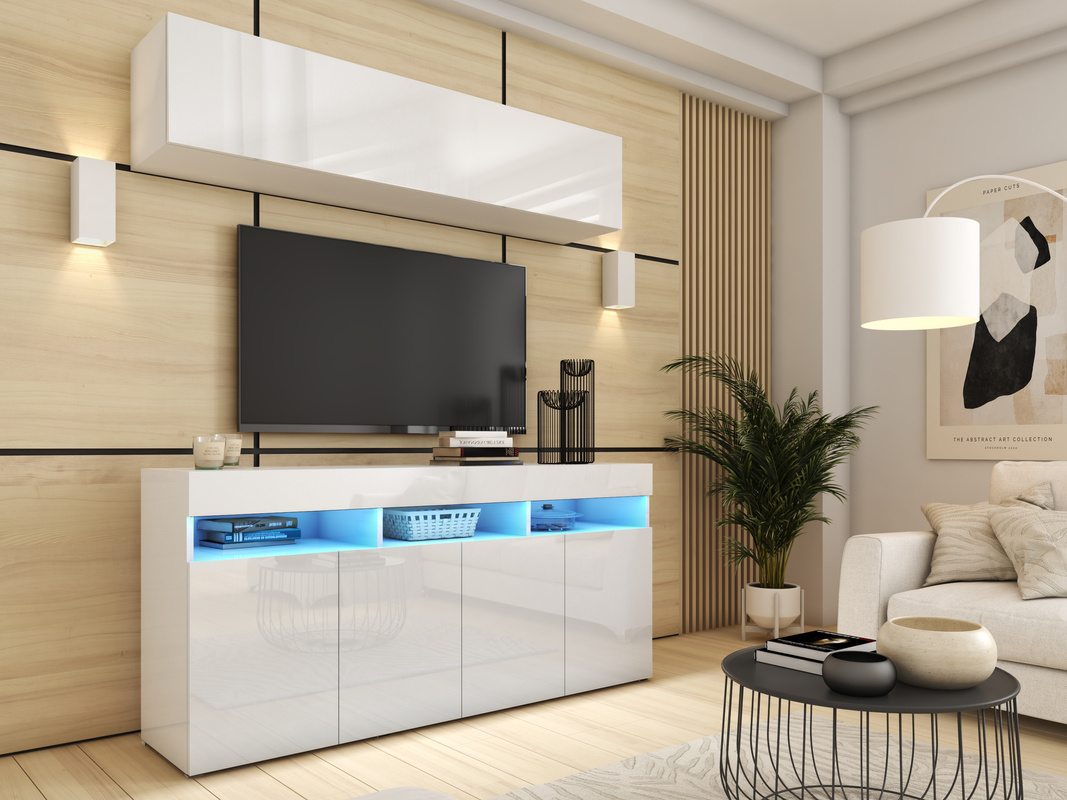 Meblościanka z komodą i szafką wiszącą biały połysk PREMIUM