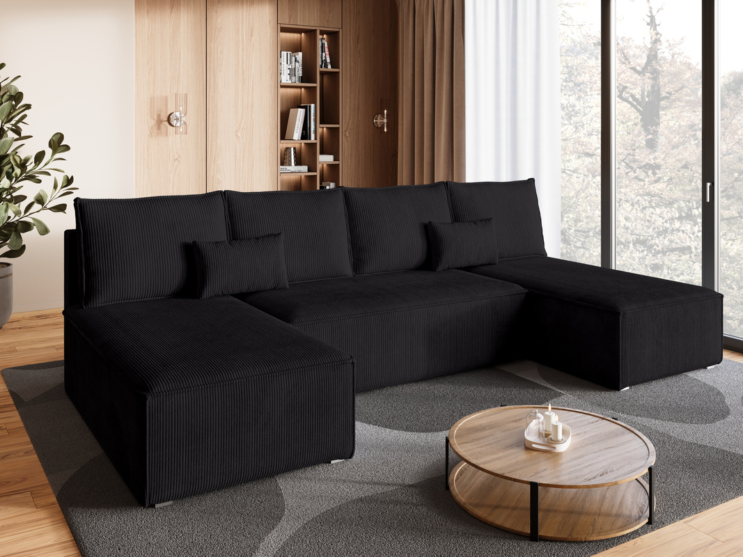 Czarny sztruksowy narożnik z funkcją spania TOP U SLIM