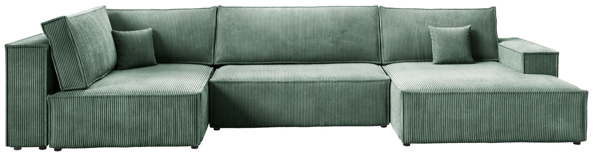 Zielony narożnik do salonu w kształcie U z funkcją spania sztruksowy PABLO MAXI