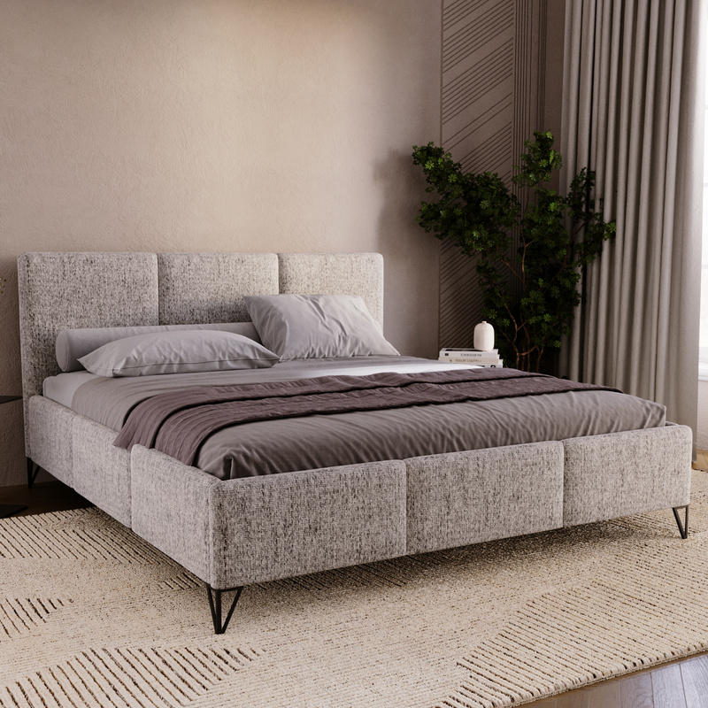 Nowoczesne beżowe łóżko tapicerowane LORIO 200x200 cm z pojemnikiem