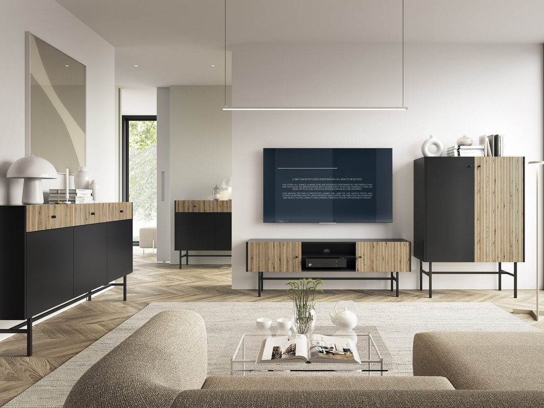 Zestaw mebli do salonu z lamelami DALIA czarny