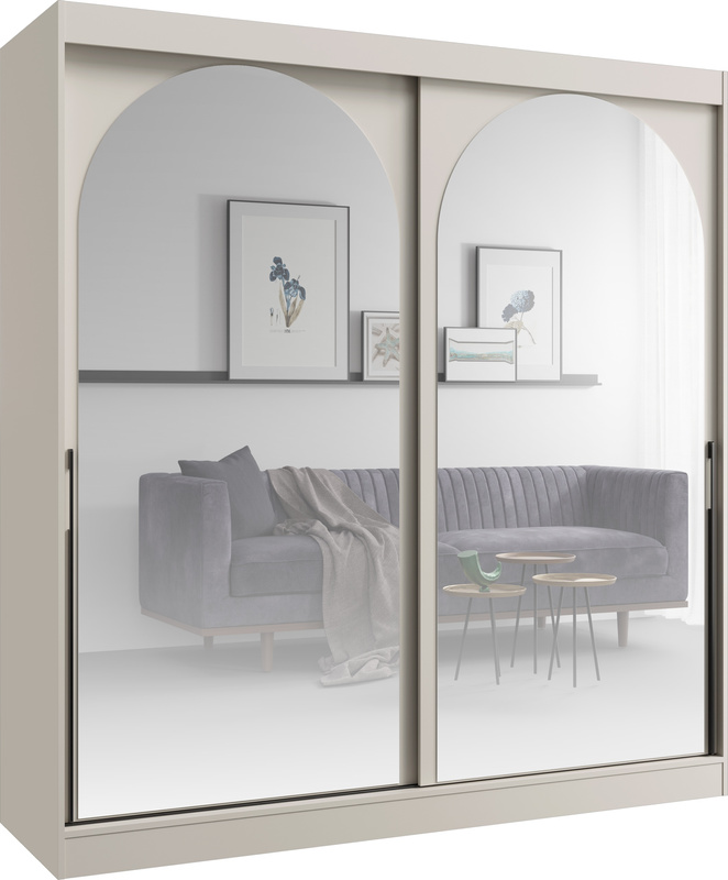 Elegancka pojemna szafa 200 cm kaszmir przesuwna z dwoma lustrami drzwi przesuwne czarne uchwyty MORIN