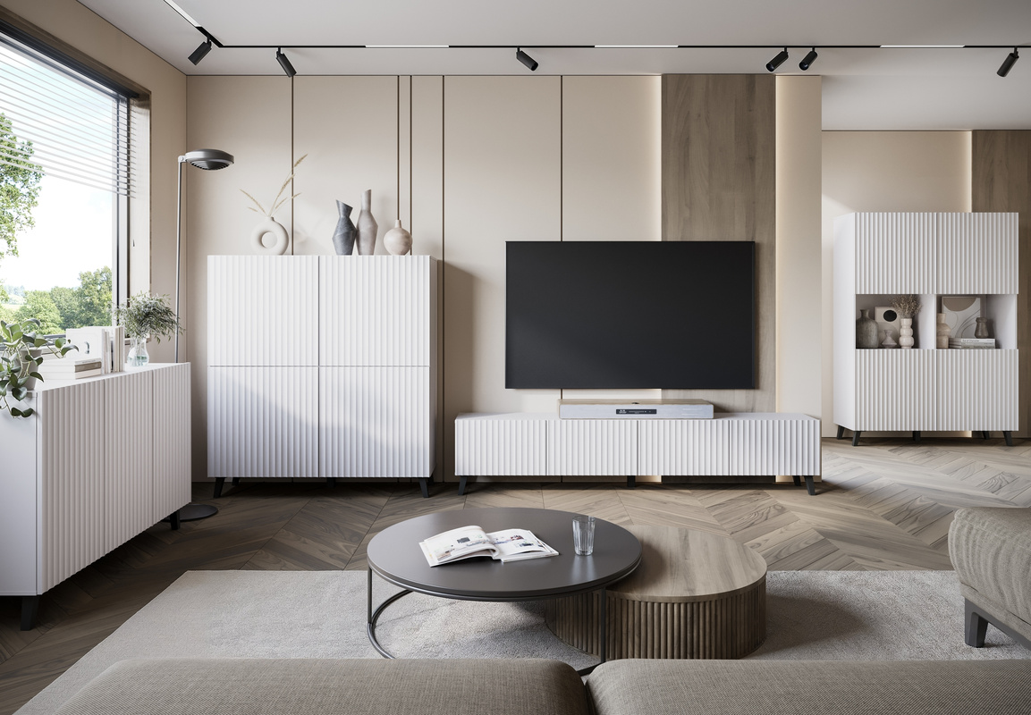 Białe meble do salonu nowoczesne z ryflowanymi frontami PUNES