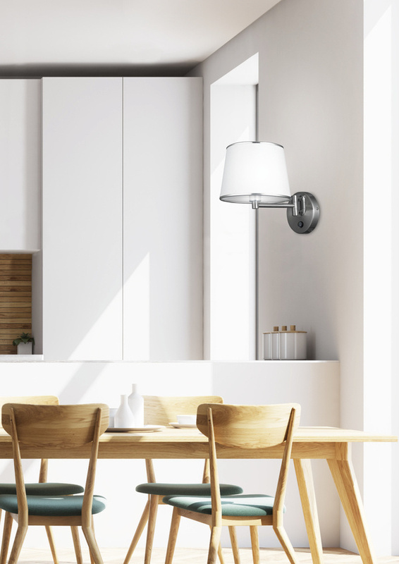 Srebrny kinkiet regulowany z włącznikiem do salonu IBIS biały abażur