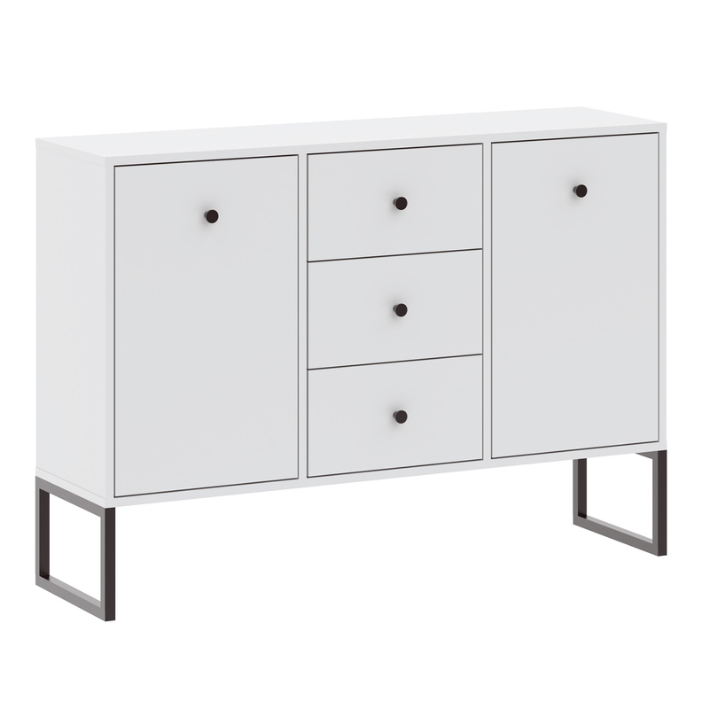 Biała komoda 115 cm do salonu z szufladami i drzwiczkami LAMORI