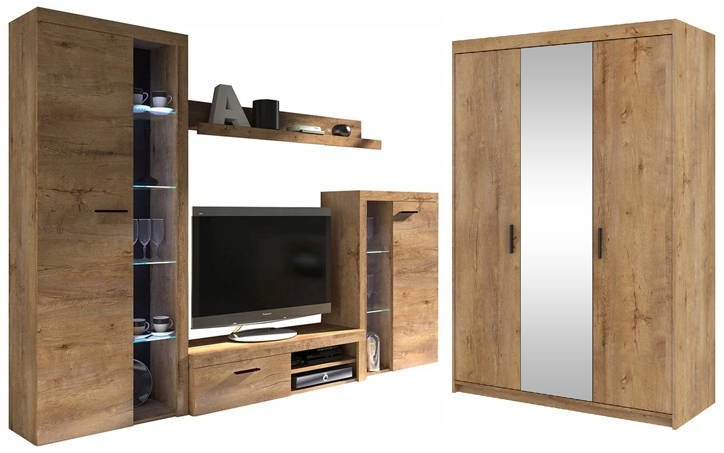 Nowoczesna Meblościanka z szafą z lustrem Dąb Lefkas SAMBA