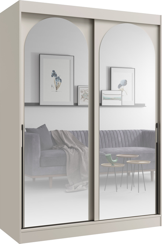 Kaszmirowa szafa przesuwna z dwoma lustrami 150 cm drzwi przesuwne czarne uchwyty MORIN