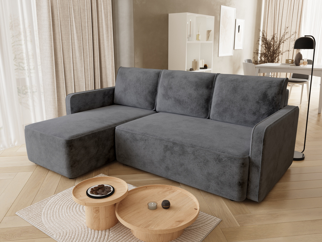 Szara rozkładana kanapa narożna do salonu z funkcją spania QULIO